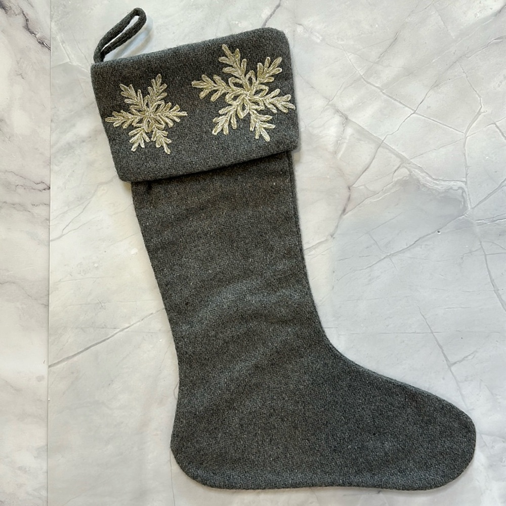 Arcadia Home Grey Wool Christmas Stocking With White Snowflakes Accent